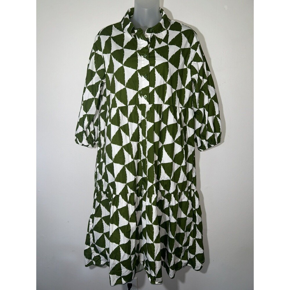 Anthropologie Maeve Bettina Tiered Midi Shirt Dress Green Geometric Triangle P M
